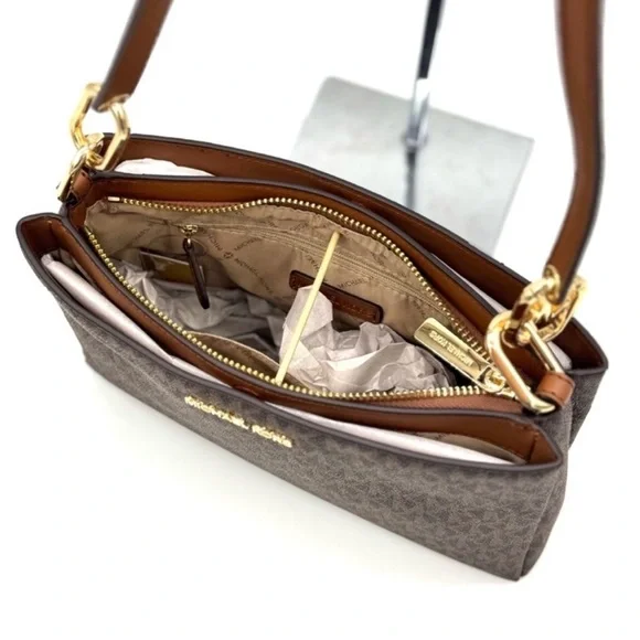 Michael Kors Trisha Medium Triple Compartment Crossbody Bag Brown Signature - Picture 8 of 11